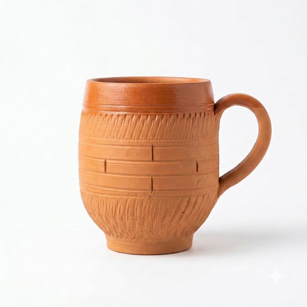 Terracotta Coffee Mug — Glazed Clay Mug with Hand-Carved Texture