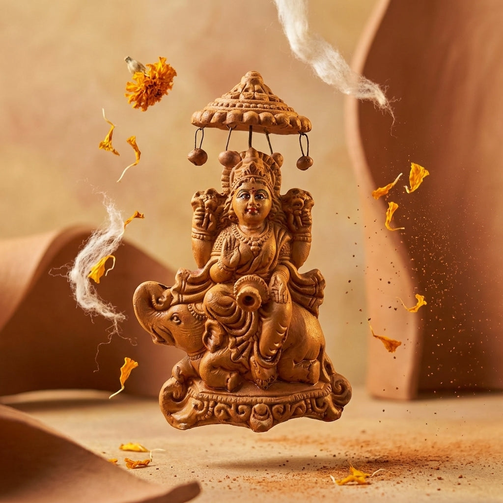 Terracotta Lakshmi Statue — Handcrafted Clay Goddess Lakshmi with Chatri on Elephant
