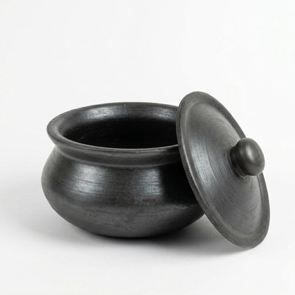 Black Clay Cooking Pot with Lid — Handcrafted Natural Black Pottery