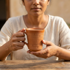 Terracotta Coffee Mug — Amber Glazed Clay Mug with Woven Texture