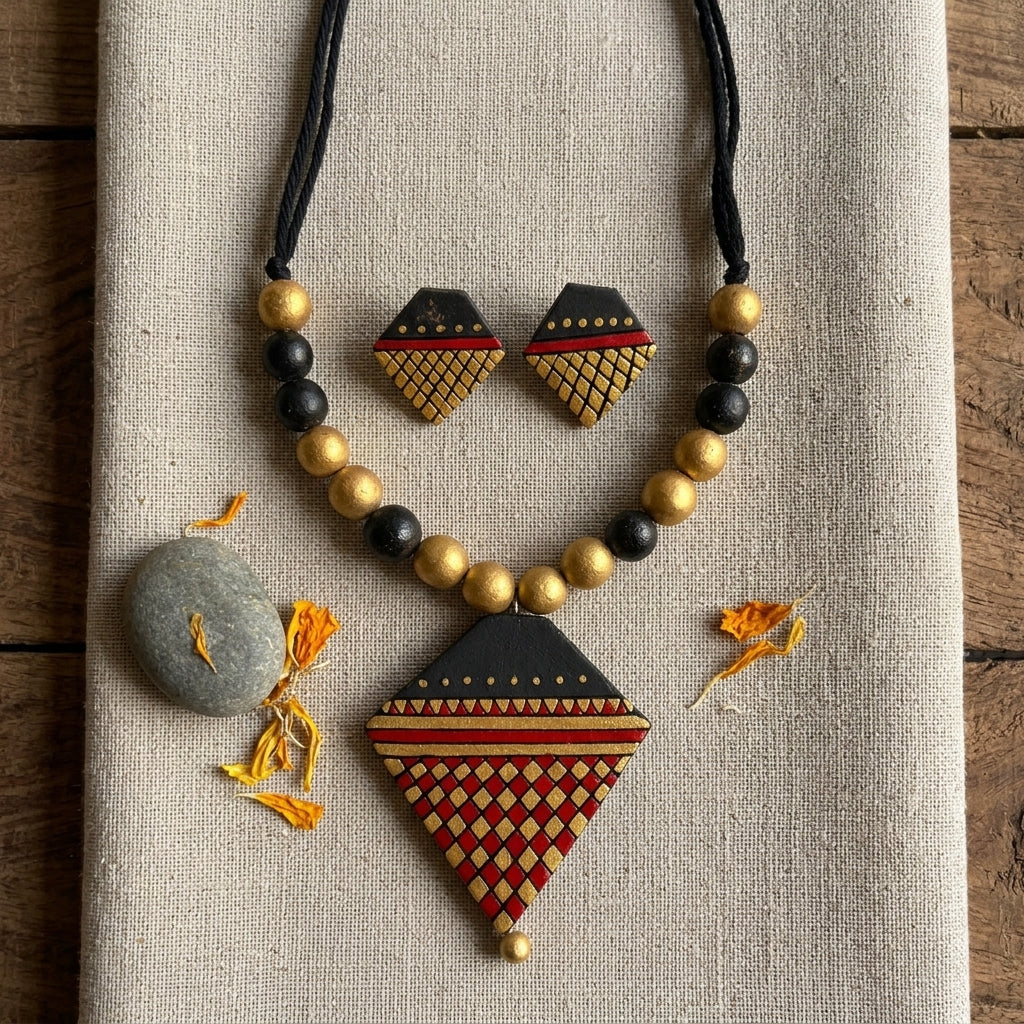 Terracotta Diamond Necklace Set — Gold Lattice Pendant & Matching Stud Earrings