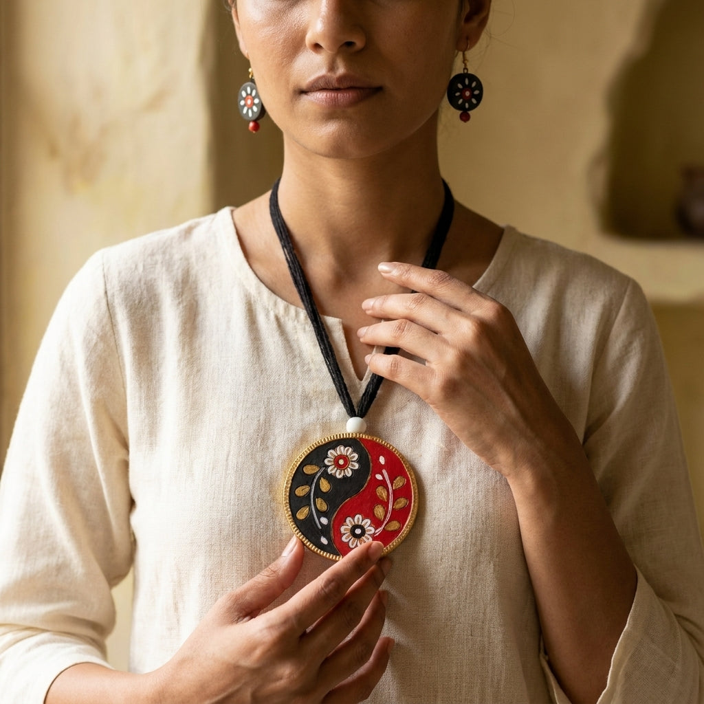 Terracotta Yin-Yang Necklace Set — Hand-Painted Floral Round Pendant & Earrings
