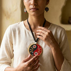 Terracotta Yin-Yang Necklace Set — Hand-Painted Floral Round Pendant & Earrings
