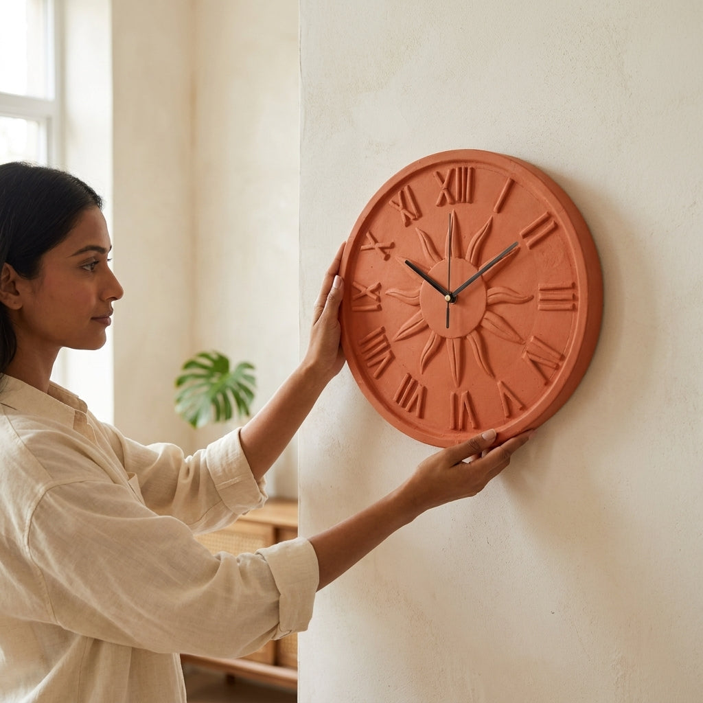 Terracotta Wall Clock — Round Clay Clock with Roman Numerals & Sun Motif