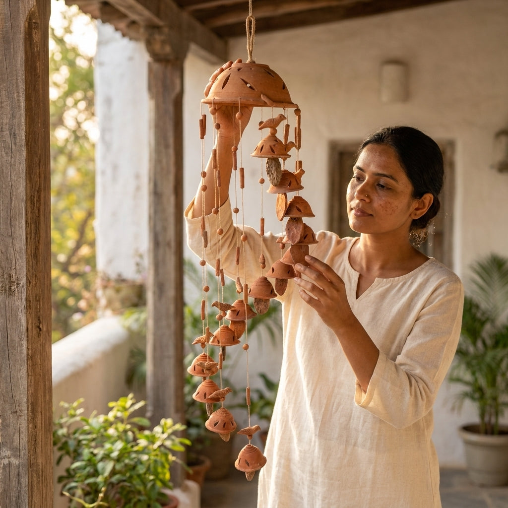 Terracotta Wind Chime — Handcrafted Clay Bell Wind Chime with Bird Motifs