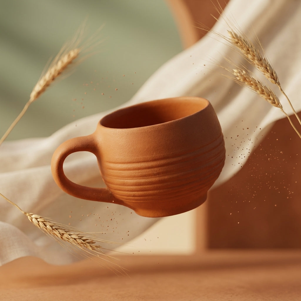 Terracotta Cup — Handmade Natural Clay Cup with Ridged Body