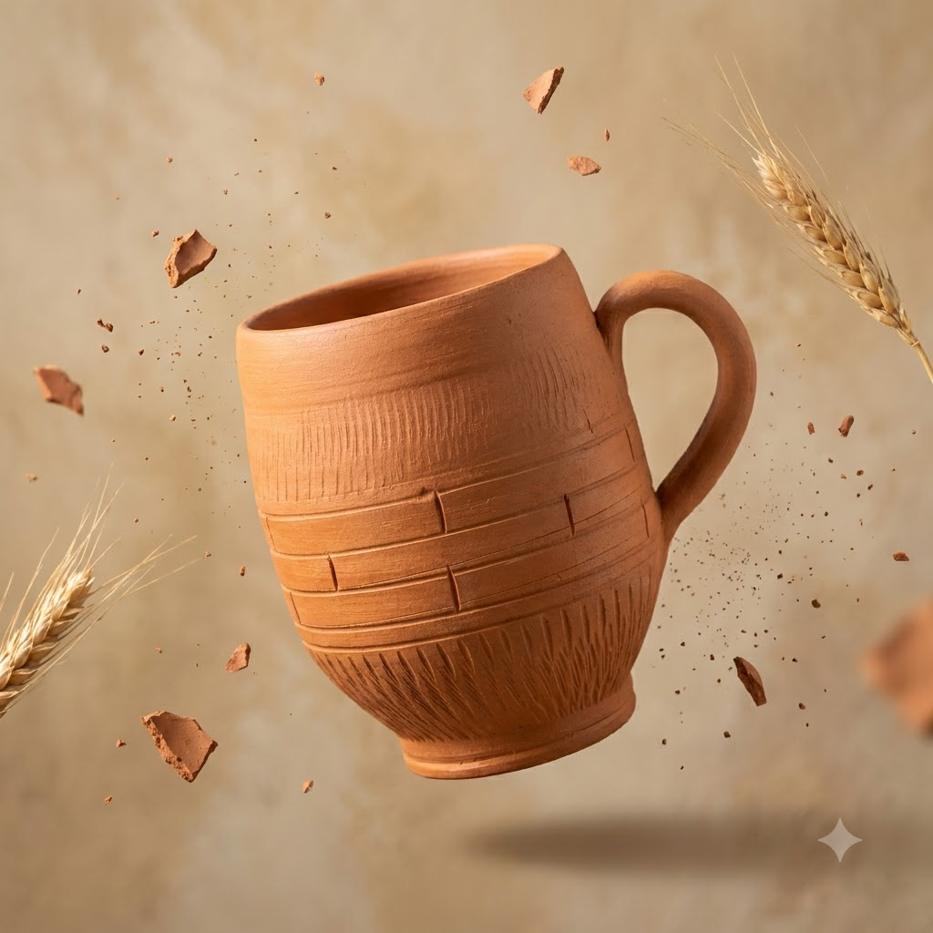 Terracotta Coffee Mug — Handmade Clay Barrel Mug with Carved Texture
