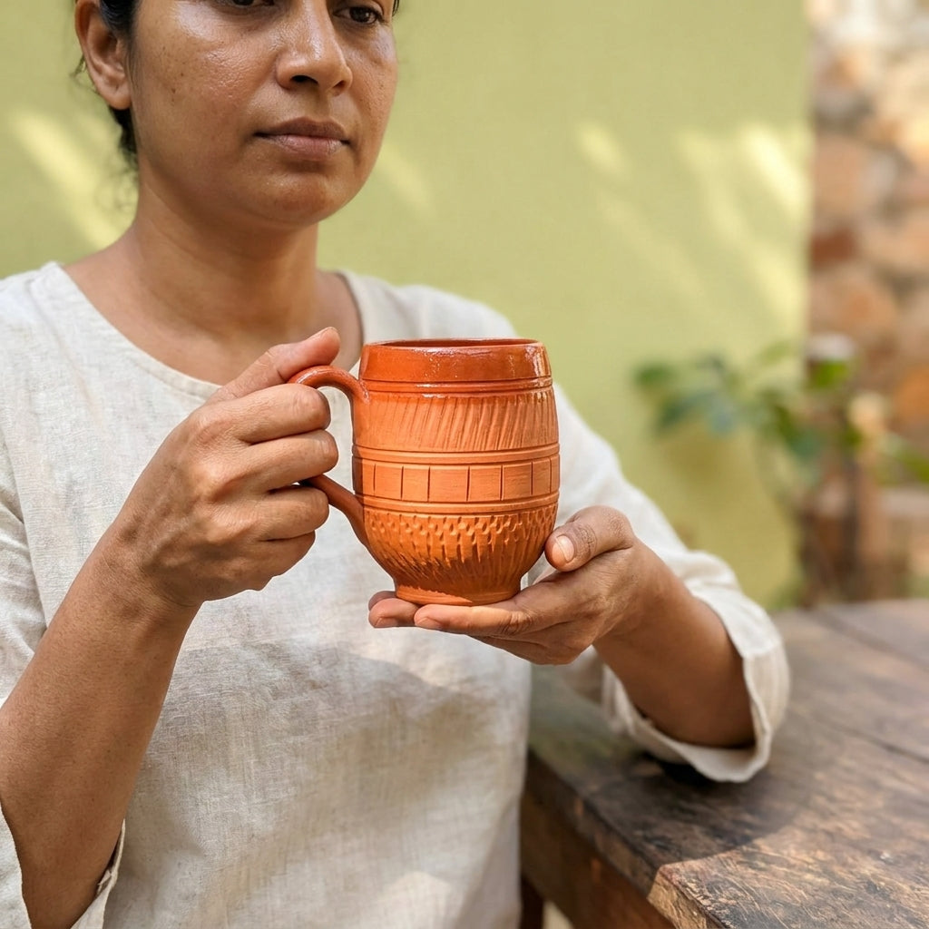 Terracotta Coffee Mug — Handmade Clay Barrel Mug with Woven Texture