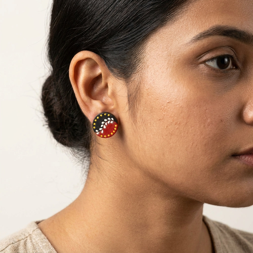 Terracotta Stud Earrings — Hand-Painted Folk Art Clay Studs in Black & Red