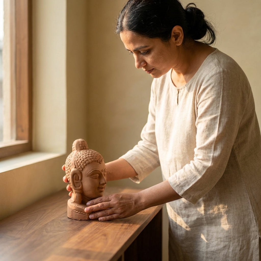 Terracotta Buddha Head — Handcrafted Clay Sculpture for Home & Meditation