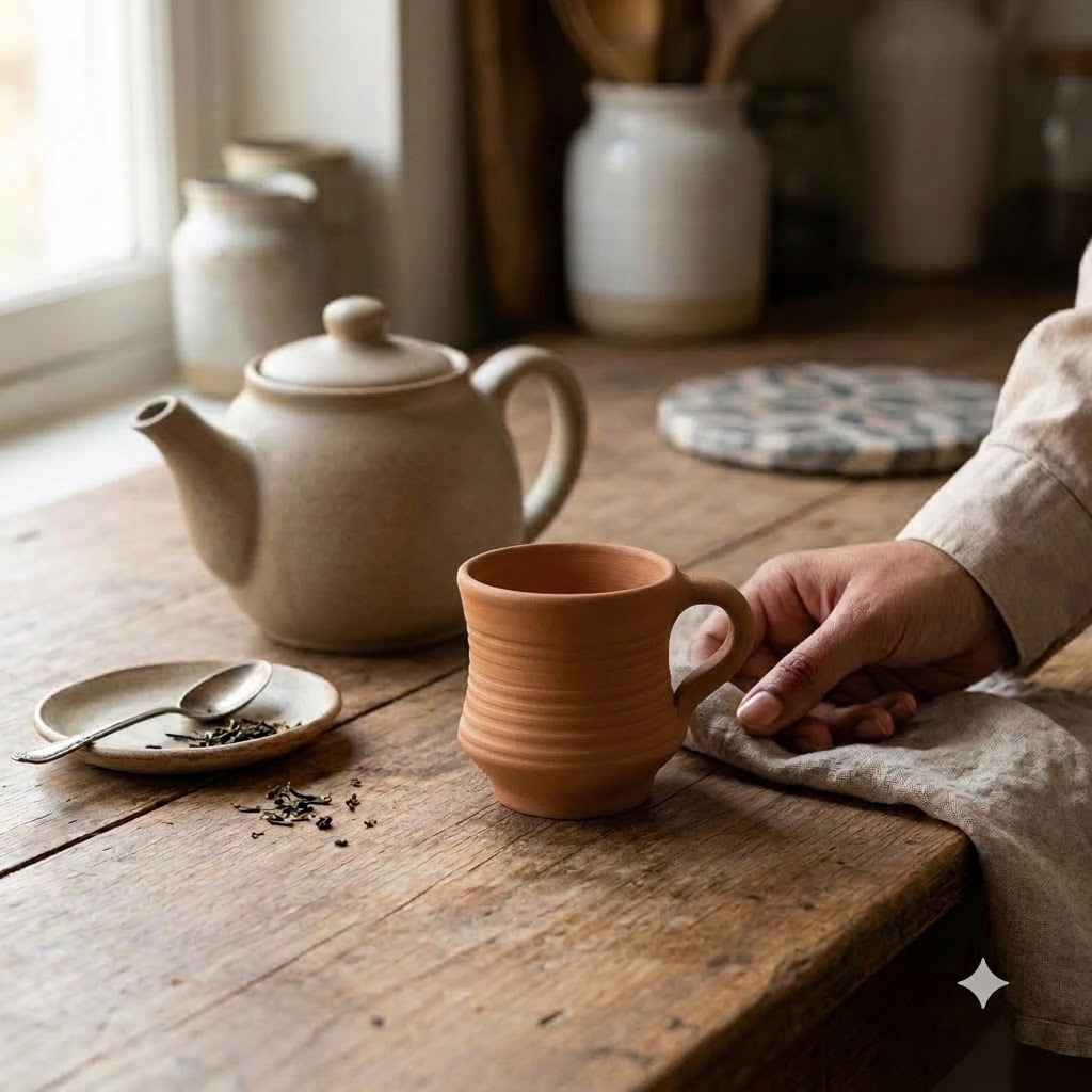 Terracotta Coffee Cup — Handmade Clay Cup with Flared Ribbed Neck