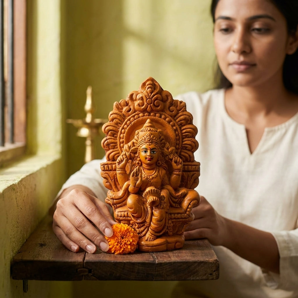 Terracotta Lakshmi Statue — Handcrafted Clay Goddess Lakshmi with Decorative Prabhavali