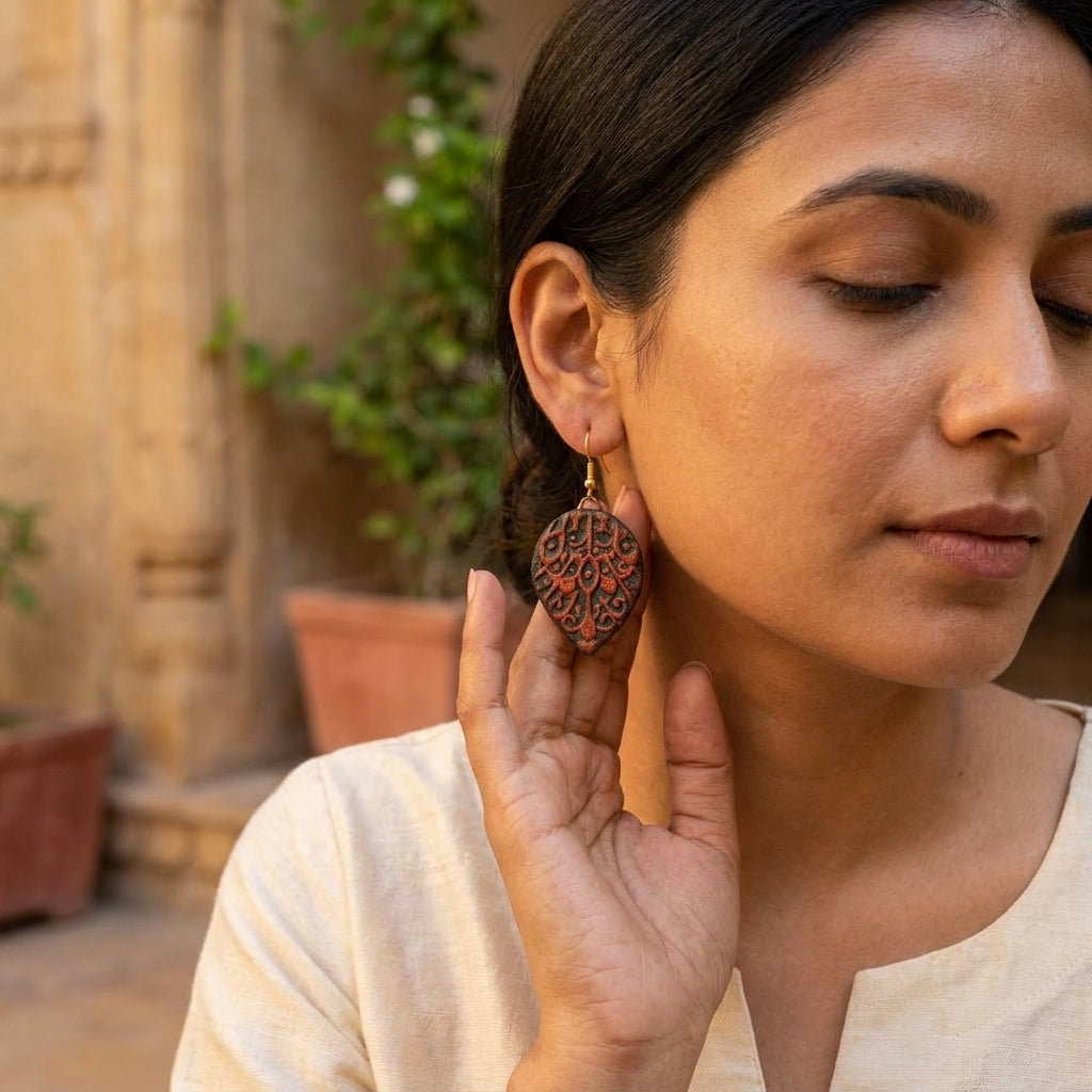 Terracotta Drop Earrings — Filigree Carved Clay Disc with Gold Hooks