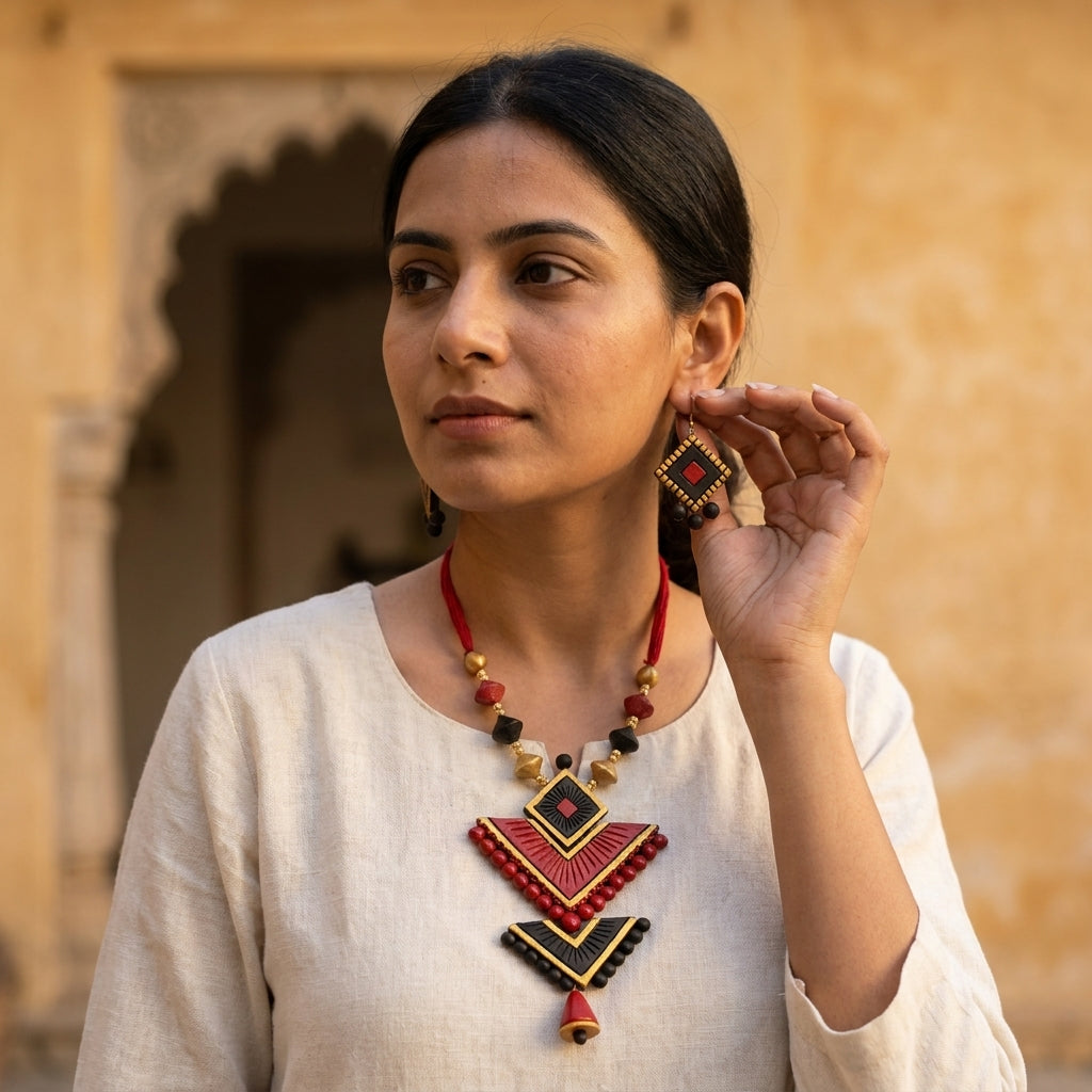 Terracotta Geometric Necklace Set — Red & Black Chevron Statement Set with Earrings