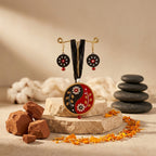Terracotta Yin-Yang Necklace Set — Hand-Painted Floral Round Pendant & Earrings