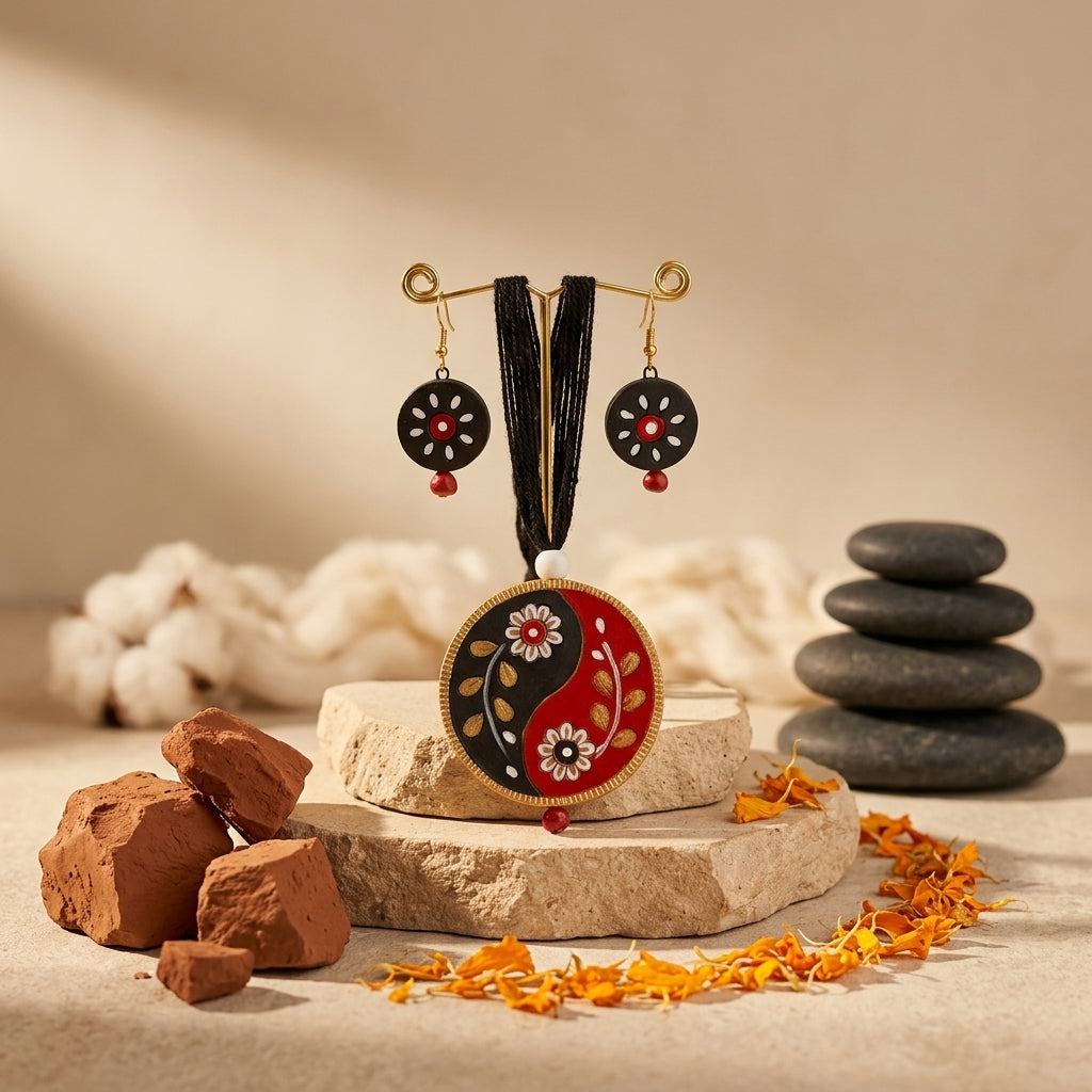 Terracotta Yin-Yang Necklace Set — Hand-Painted Floral Round Pendant & Earrings