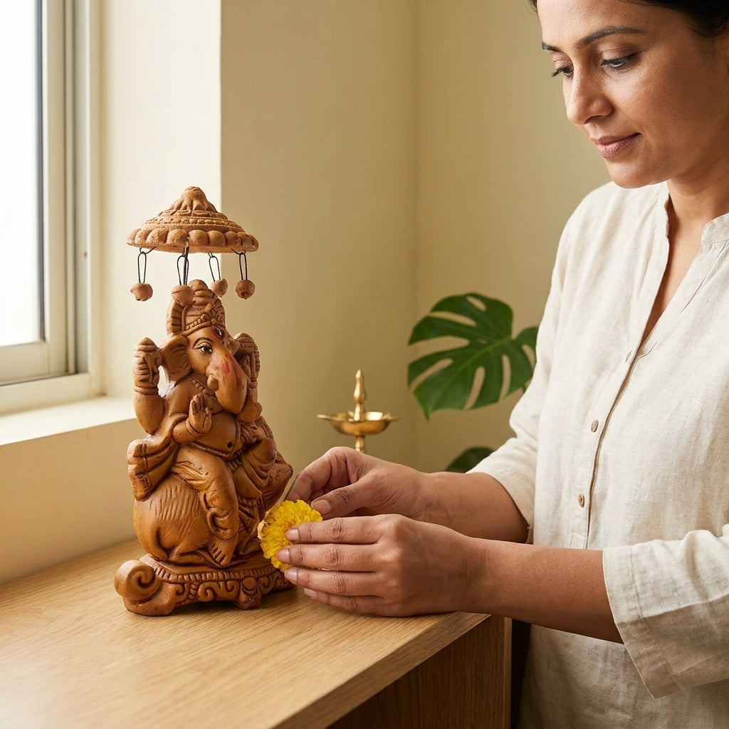Terracotta Ganesha Statue — Handcrafted Clay Ganesha with Chatri & Mushak