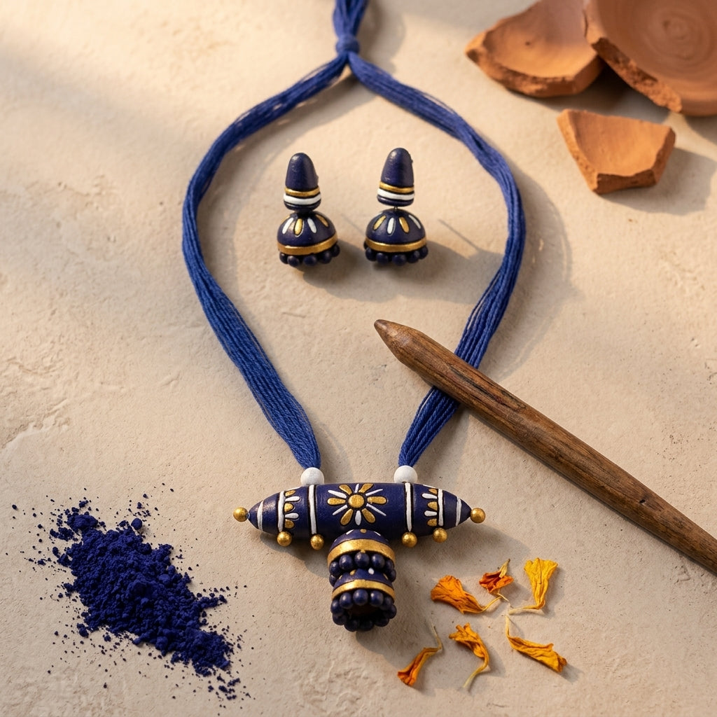 Terracotta Blue Barrel Necklace Set — Handcrafted Clay Necklace with Jhumka Earrings