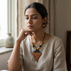 Terracotta Diamond Necklace Set — Gold Lattice Pendant & Matching Stud Earrings