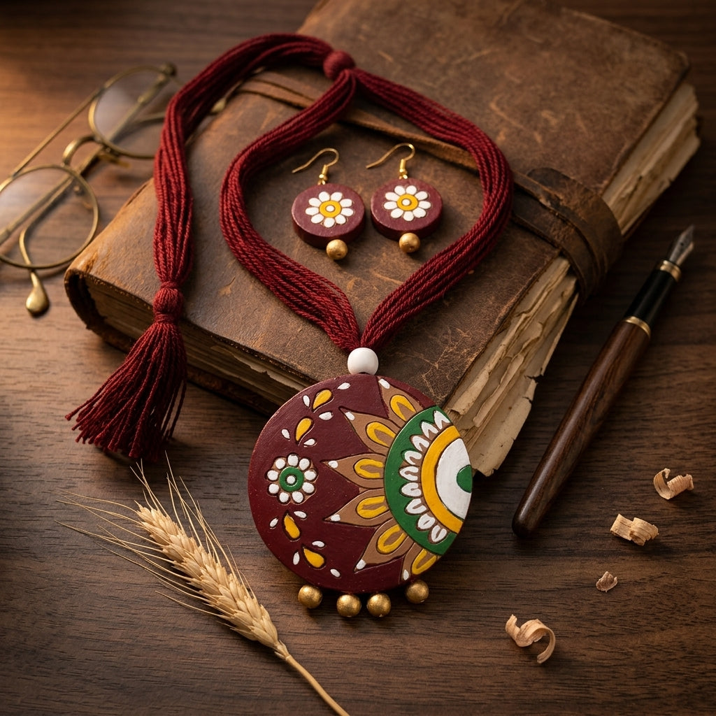 Terracotta Burgundy Mandala Necklace Set — Hand-Painted Floral Round Pendant & Earrings