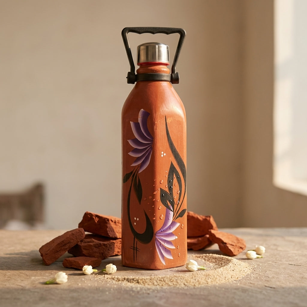 Terracotta Flora Bottle — Handmade Clay Water Bottle 1000ml