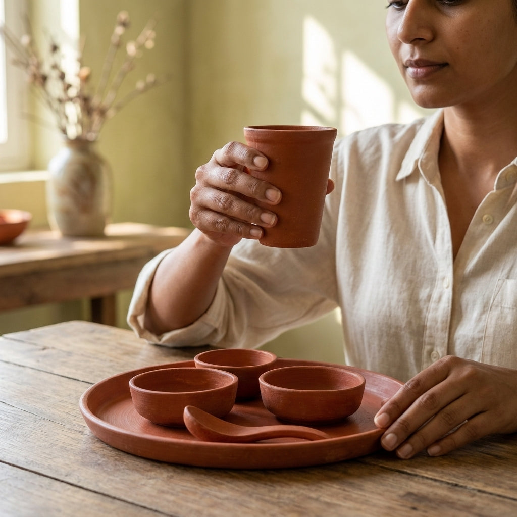 Handcrafted Terracotta Dining Set — Clay Dinner Plate Set with Bowls, Cup & Spoon