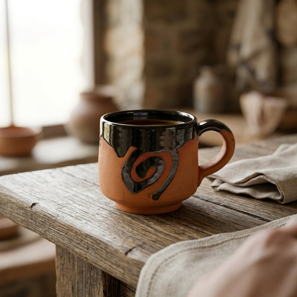 Terracotta Coffee Cup — Black Glazed Clay Cup with Swirl Motif