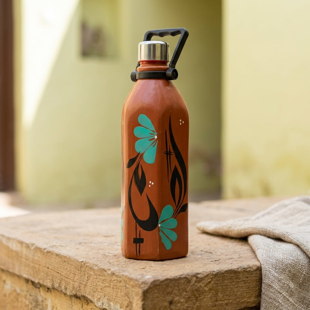 Terracotta Flora Bottle — Handmade Clay Water Bottle 1000ml