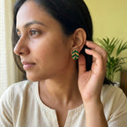 Terracotta Leaf Stud Earrings — Hand-Painted Green & Gold Clay Earrings