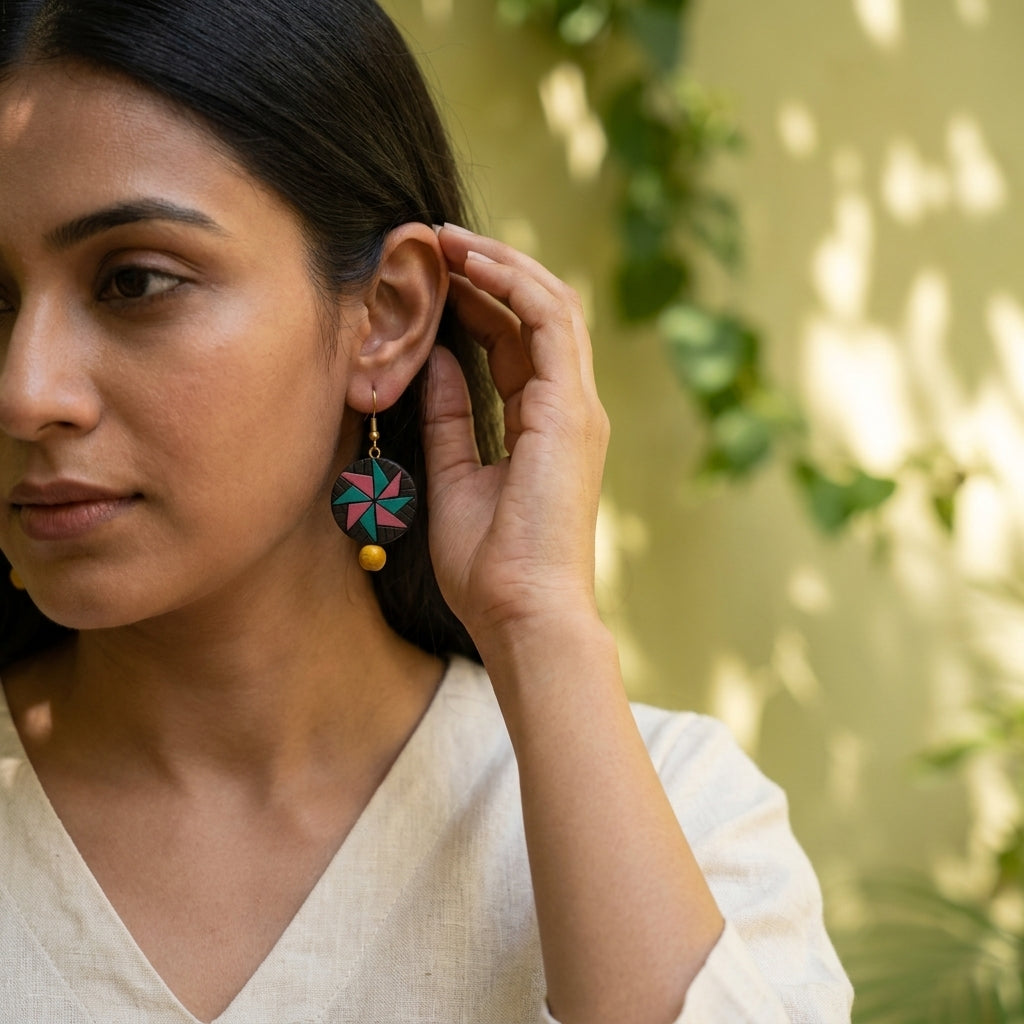 Terracotta Drop Earrings — Geometric Star Clay Disc with Yellow Bead Drop