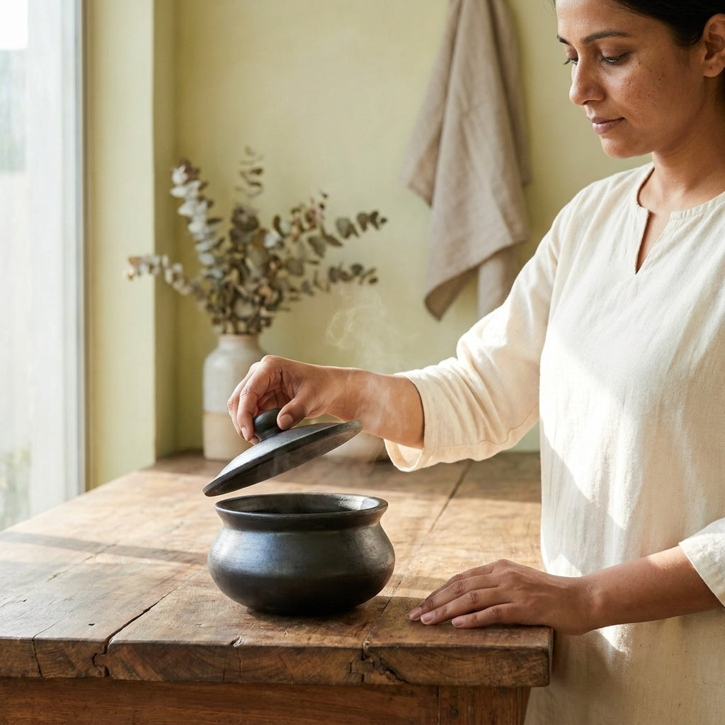 Black Clay Cooking Pot with Lid — Handcrafted Natural Black Pottery