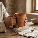 Terracotta Coffee Mug — Amber Glazed Clay Mug with Woven Texture