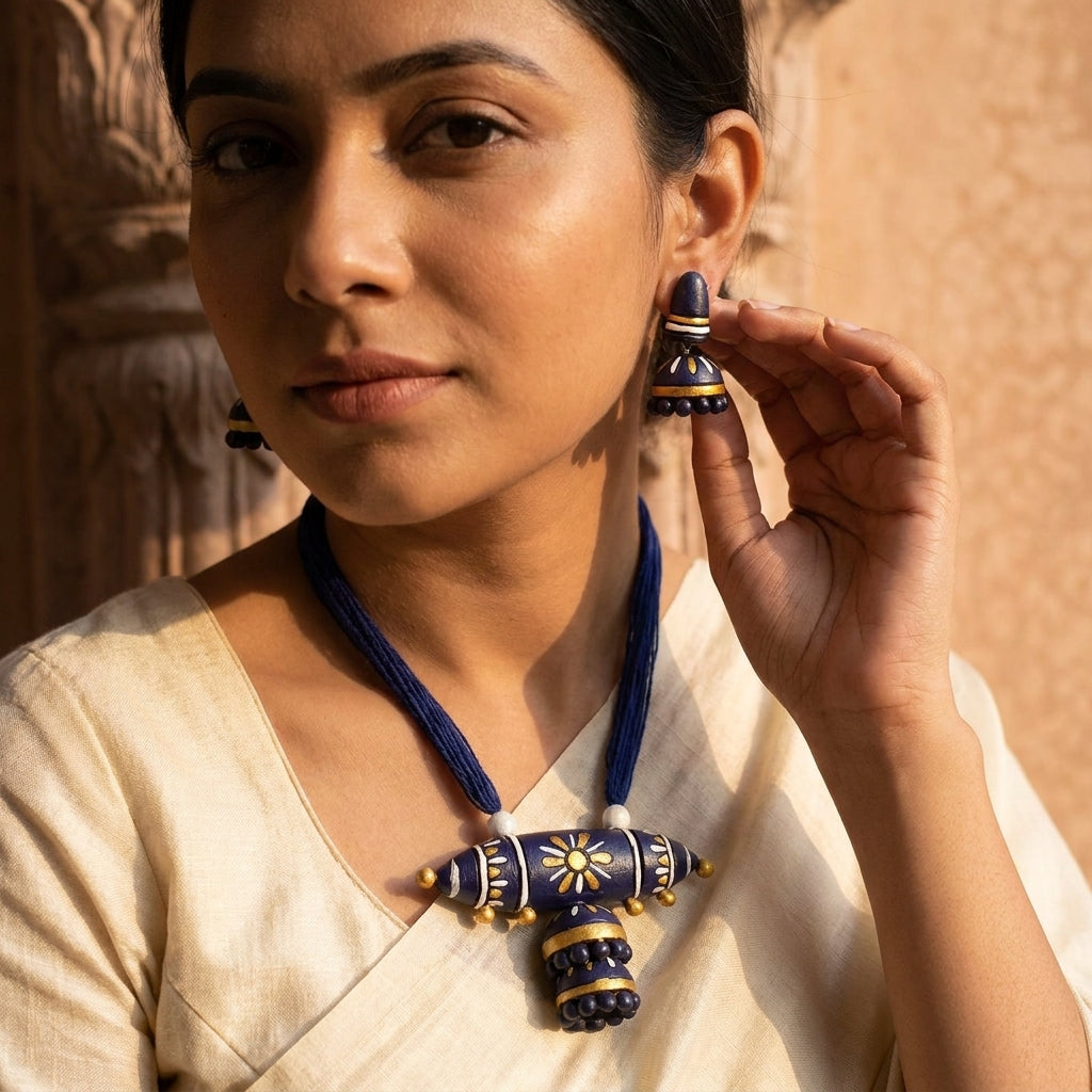 Terracotta Blue Barrel Necklace Set — Handcrafted Clay Necklace with Jhumka Earrings