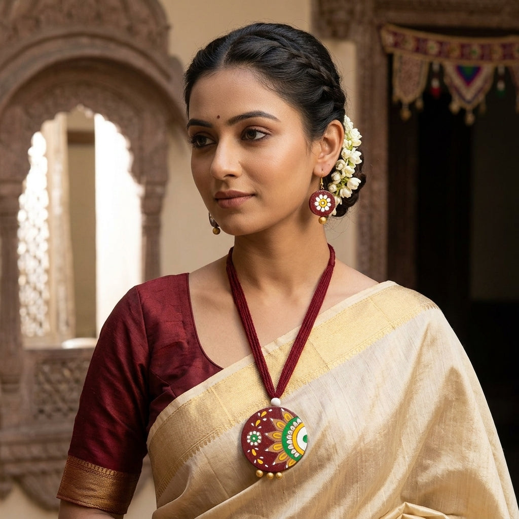 Terracotta Burgundy Mandala Necklace Set — Hand-Painted Floral Round Pendant & Earrings