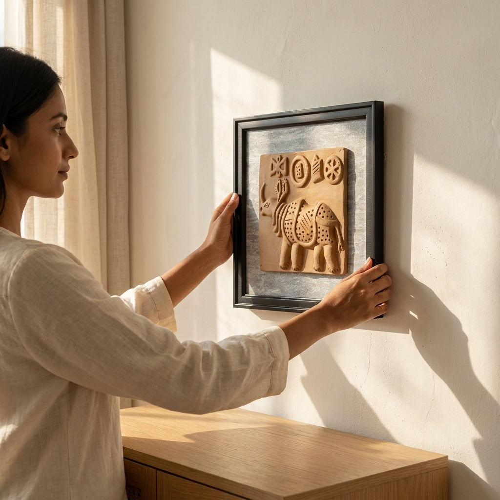 Terracotta Rhinoceros Wall Plaque — Framed Indus Valley Relief Art