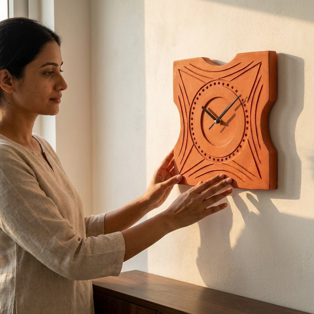 Terracotta Geometric Wall Clock — Curved Square with Arc & Dot Pattern