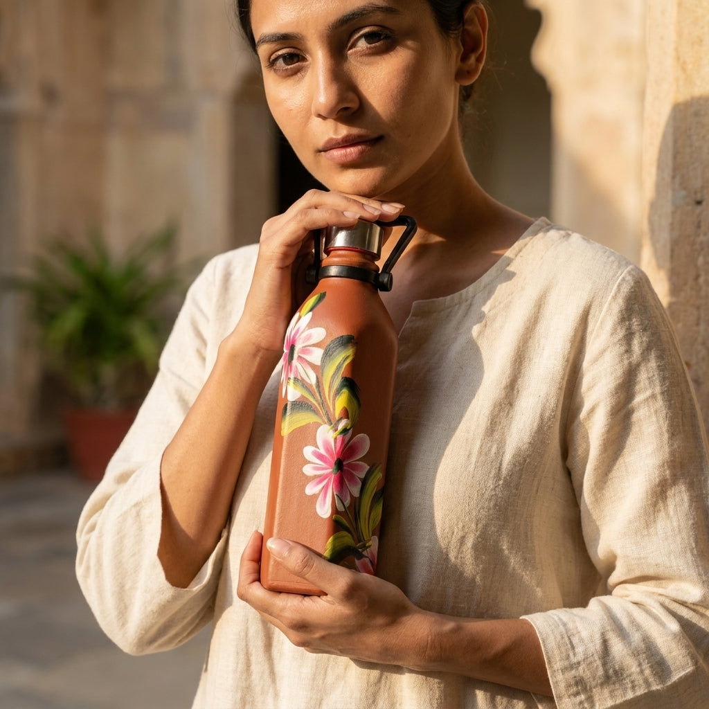 Terracotta Flora Bottle — Handmade Clay Water Bottle 1000ml