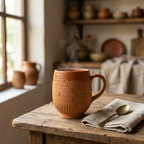 Terracotta Coffee Mug — Glazed Clay Mug with Hand-Carved Texture