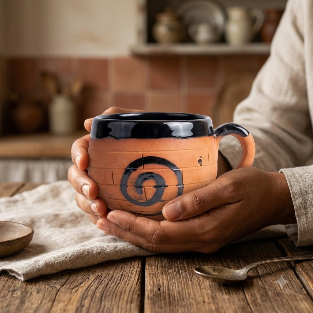Terracotta Coffee Cup — Black Glazed Clay Cup with Hand-Painted Spiral