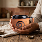 Terracotta Coffee Cup — Black Glazed Clay Cup with Hand-Painted Spiral