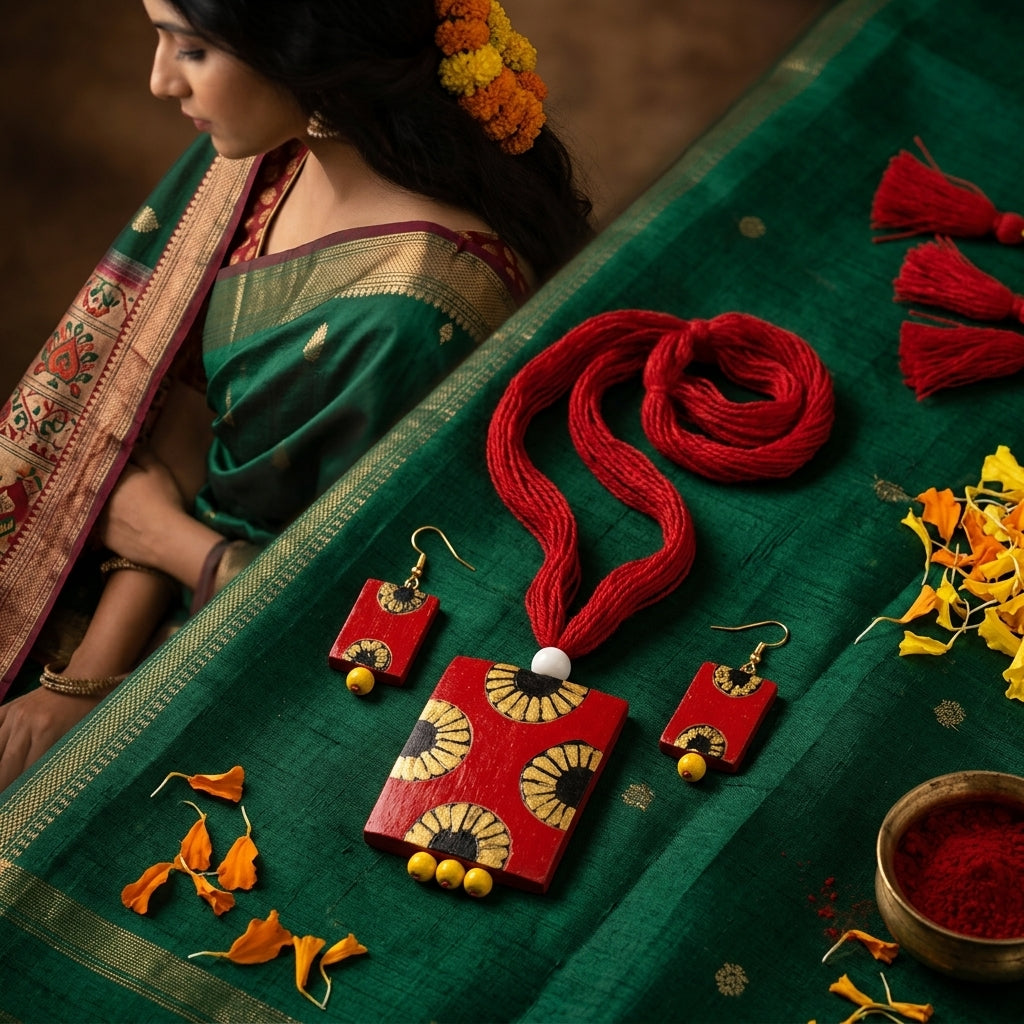Terracotta Red Sunflower Necklace Set — Handcrafted Clay Square Pendant & Earrings