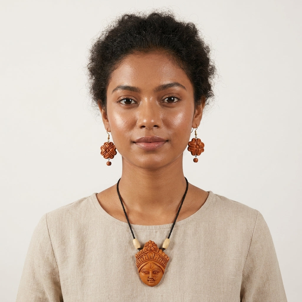 Terracotta Goddess Pendant Necklace — Hand-Sculpted Clay Devi Face