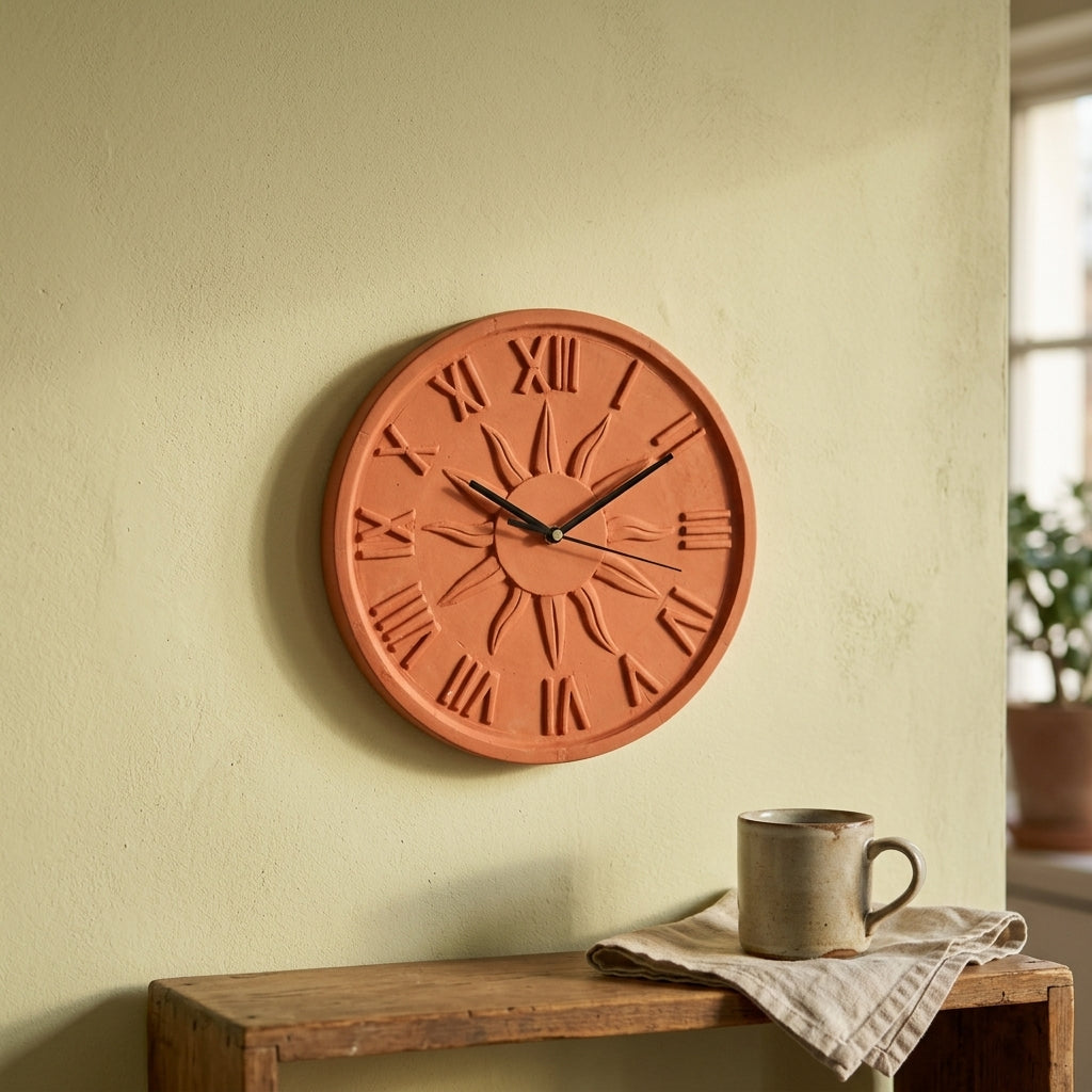 Terracotta Wall Clock — Round Clay Clock with Roman Numerals & Sun Motif
