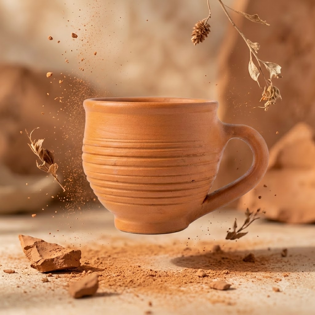 Terracotta Coffee Cup — Handmade Clay Cup with Spiral Ridged Body