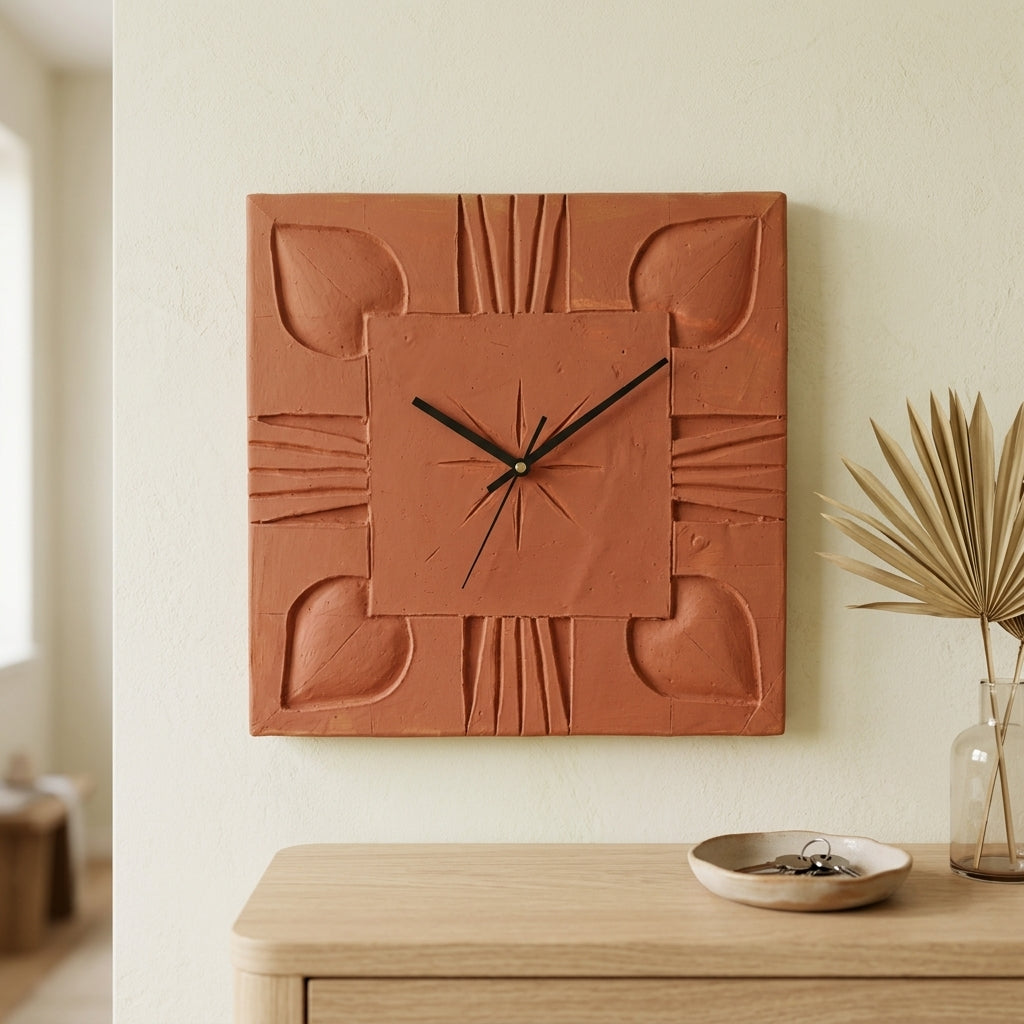 Terracotta Square Wall Clock — Leaf & Heart Relief, No Numbers