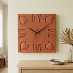 Terracotta Square Wall Clock — Leaf & Heart Relief, No Numbers