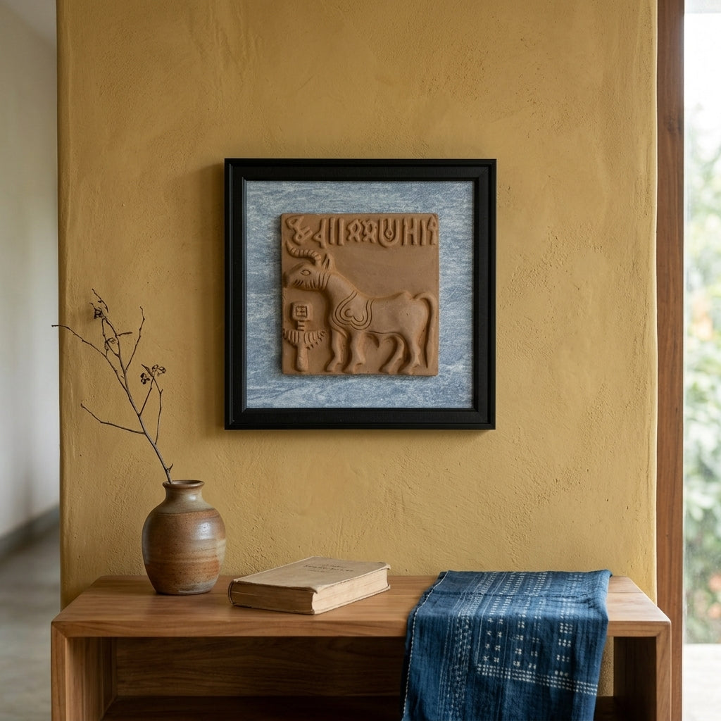 Terracotta Unicorn Wall Plaque — Framed Indus Valley One-Horned Bull Art