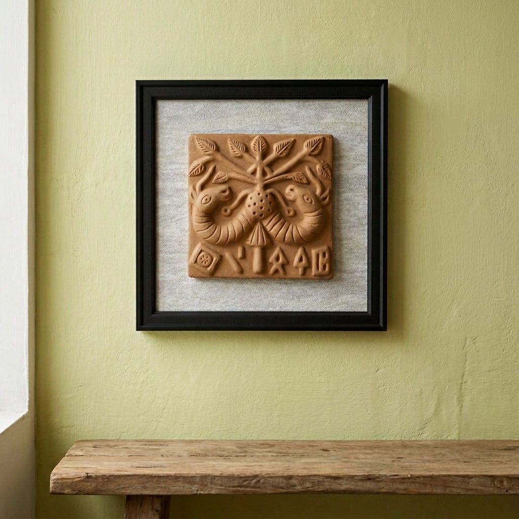 Terracotta Twin Deer Wall Plaque — Framed Indian Folk Art Relief