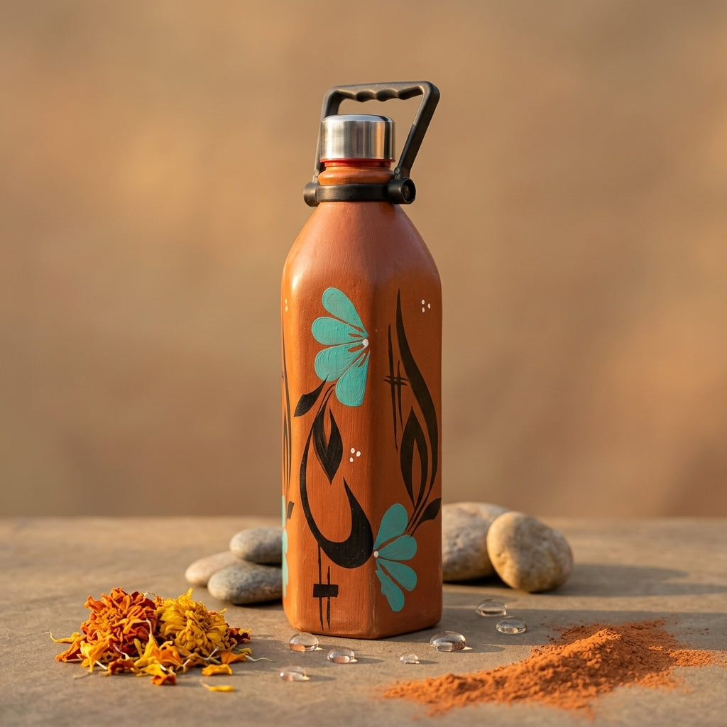 Terracotta Flora Bottle — Handmade Clay Water Bottle 1000ml