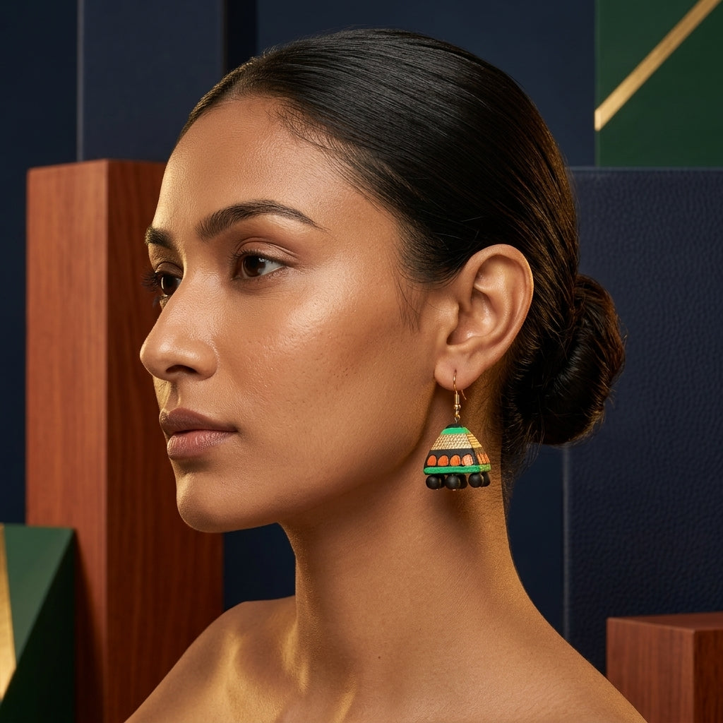 Terracotta Jhumka Earrings — Handcrafted Black, Gold & Green Clay Jhumkas